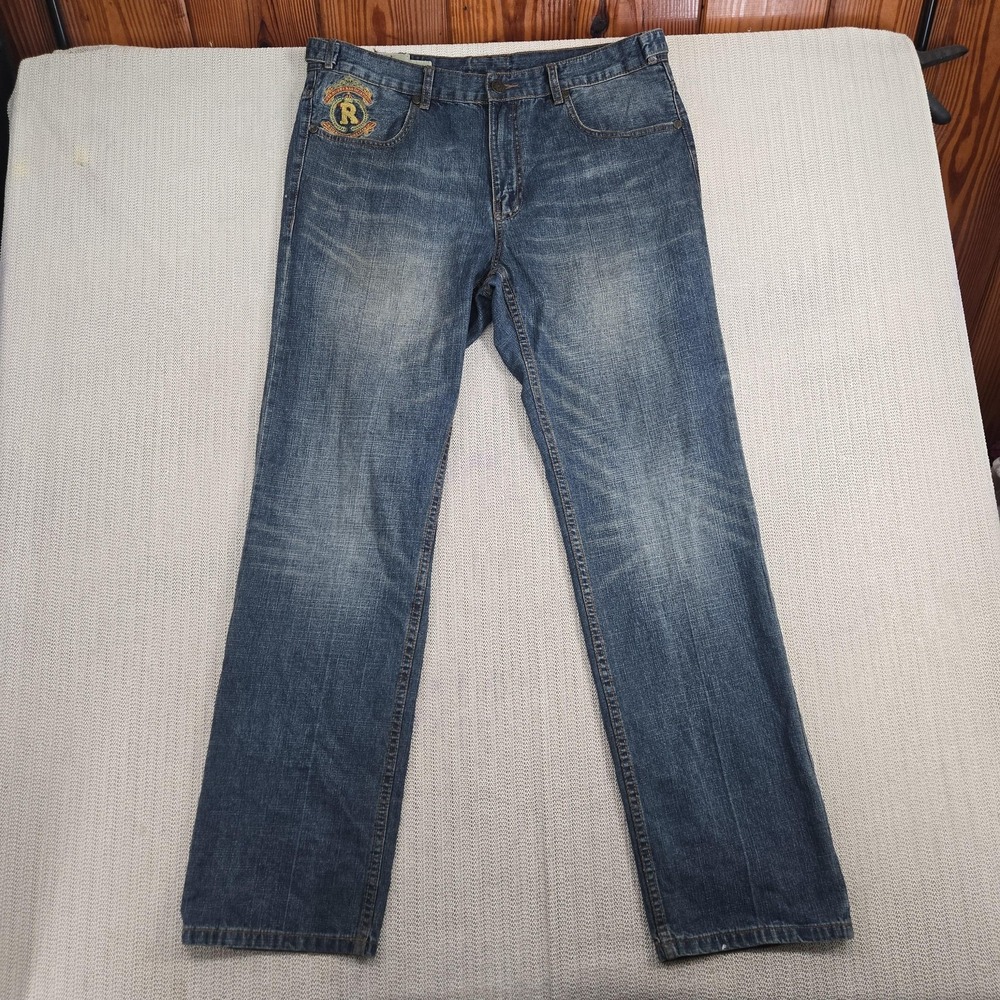 Vintage USA Rugby Jeans Mens 36x34 Blue Denim Straight Leg Embroidered Crest Y2K